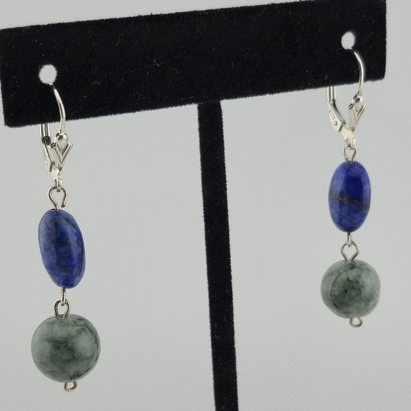 Sterling Silver 925 Lapis & Green Stone Dangle Earrings Leverback 2" Drop - Picture 2 of 8